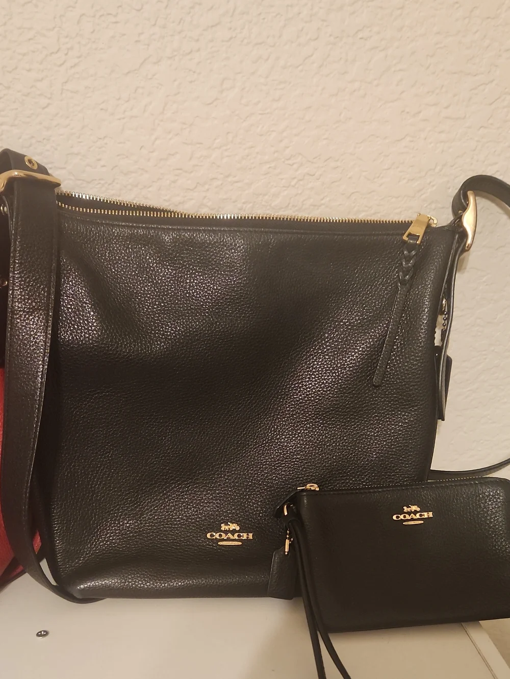 Coach Black Pebbled Leather Shoulder Bag with Matching Wristlet